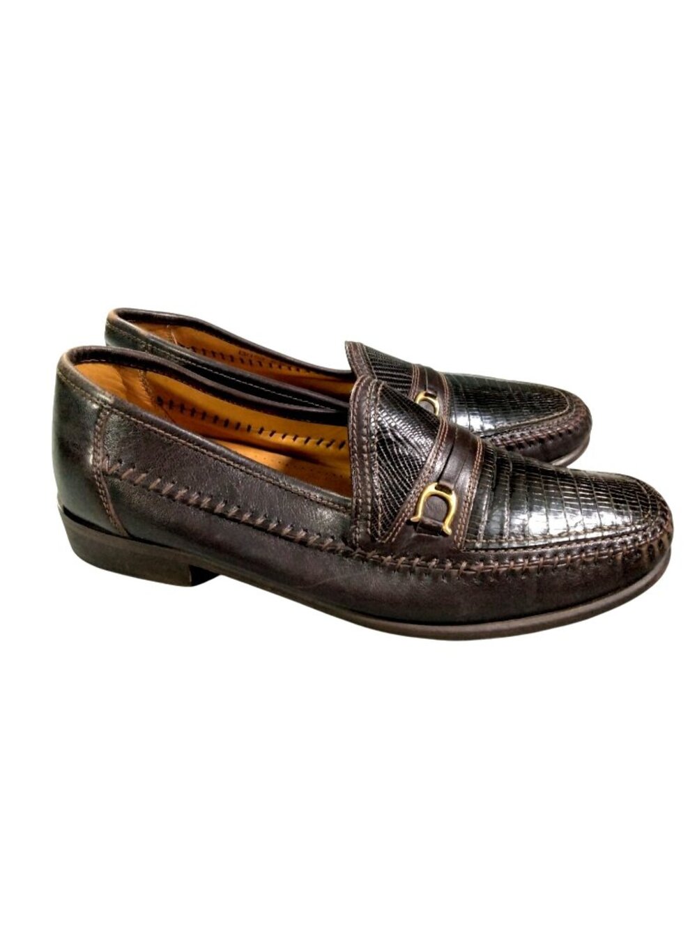 David Eden Men's 8.5 Rich Brown Teja Lizard Leather Loafers Hand Made In Italy